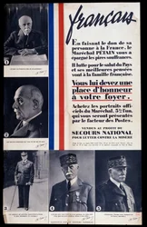 Poster pubblicitario per la vendita di ritratti del maresciallo Philippe Petain durante la Seconda Guerra Mondiale e lode a Petain (venduti a beneficio del soccorso nazionale per combattere la povertà)