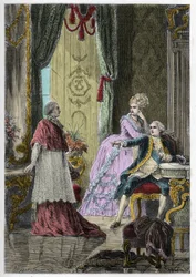 Affare della Collana della Regina (1785-1786): Cardinale Louis Rene Edouard de Rohan davanti a Re Luigi XVI e Regina Maria Antonietta