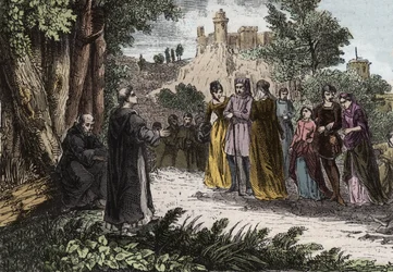 Eresia albigese - San Domenico predica agli albigesi - Santa Domenica (Domenica de Guzman) (1170-1221) predica agli albigesi - Incisione del 1846 in 