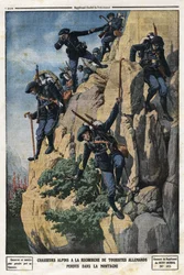 Cacciatori alpini alla ricerca di turisti tedeschi dispersi. Volevano andare al monte Nero del massiccio della Chartreuse. Incisione in 