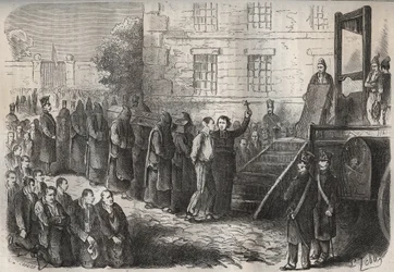 Esecuzione al Bagne di Tolone nel XIX secolo. Incisione in "Histoire des bagnes depuis leur création à nos jours" (1877) di Pierre Zaccone (1817-1895). Collezione privata.