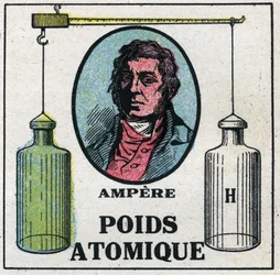 Atomi: Il peso atomico di Andre Marie Ampere (1775-1836). Illustrazione anonima del 1925. Collezione privata.