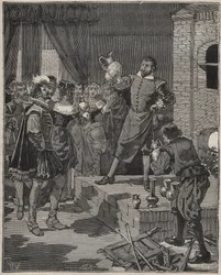 Bernard Palissy (1510-1589), ceramista francese trionfante, rimuove i suoi primi pezzi di smalti dal forno. Incisione del 1880 in "Les arts et metiers illustres" di Adolphe Bitard