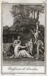 Nascita di Bacco, figlio di Giove e Semele. Incisione del 1819 in “Lettres à Emilie sur la mythologie” di Charles Albert Demoustier (1760-1801). Collezione privata
