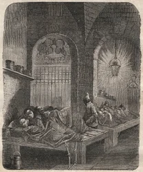 Il Bagne di Brest di notte. Incisione in "Histoire des bagnes depuis leur création à nos jours" (1877) di Pierre Zaccone (1817-1895). Collezione privata.