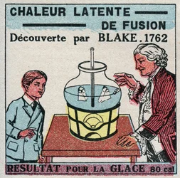 Calorimetria: il calore latente di fusione scoperto da Joseph Black (1728-1799) nel 1761-1762. Risultato per il ghiaccio. Illustrazione anonima del 1925. Collezione privata.