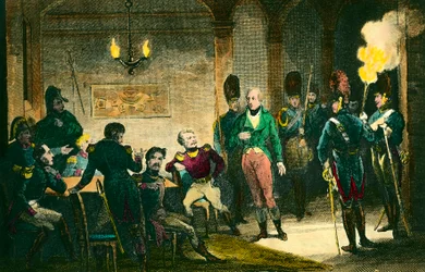 Caso di Luigi di Borbone, Duca di Enghien (1772-1804): scena del processo del principe sospettato di aver cospirato contro il primo console Napoleone Bonaparte, fu condannato ed eseguito senza prove. Incisione del 1804. Collezione privata