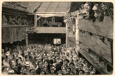 Celebrazione del culto cattolico a Porrentruy, Svizzera nel 1874, dopo una fotografia. Incisione in "Les Missions Catholiques au XIXeme Siecle" di Louis-Eugene Louvet. Collezione privata