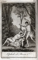 Cefalo e Procri (Cephalus) coppia di amanti. Incisione del 1819 in "Lettres a Emilie sur la mythologie" di Charles Albert Demoustier (1760-1801). Collezione privata.