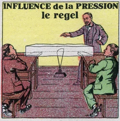 Cambiamenti di stato: influenza della pressione sulla fusione. Esperimento del regel o di un filo teso da un peso che passa attraverso un pezzo di ghiaccio senza romperlo. Illustrazione anonima del 1925. Collezione privata