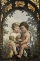 Allegoria cristiana con due bambini che versano entrambi da una caraffa in una ciotola