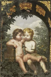 Allegoria cristiana con due bambini con Bibbia e serpente