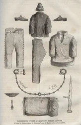 Abbigliamento e ferri ricevuti da un forzato arrivato al bagne di Rochefort nel XIX secolo (dal disegno originale di Clemans, forzato del bagne nel 1840). Incisione in "Histoire des bagnes depuis leur création à nos jours" (1877) di Pierre Zaccone (1817-18