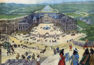 Costruzione del castello di Versailles nel 1678 secondo i piani di Jules Hardouin Mansart in primo piano Re Luigi XIV