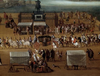 Corteo che passa davanti alla statua di Enrico IV sul Pont Neuf a Parigi nel XVII secolo (dettaglio). Dipinto anonimo. Parigi, Museo Carnavalet