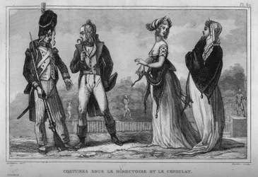 Costumi sotto il Direttorio e il Consolato. Incisione del 1859 in "Le Monde. Storia di tutti i popoli dai tempi più remoti ai giorni nostri" di M. E. de Lostalot-Bachoue. Collezione privata