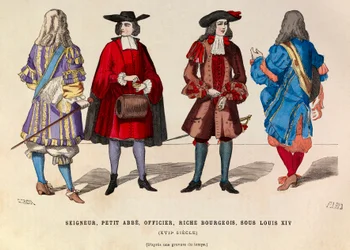 Costumi di signore, piccolo abate, ufficiale e ricco borghese a Parigi sotto il regno di Luigi XIV nel XVII secolo, collezione privata