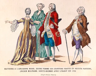 Costumi di una vecchia matrona alla moda, una giovane donna con alta acconciatura e piccoli cesti, un ex militare e un gentiluomo in abito nel 1762 (regno del re Luigi XV) - collezione privata