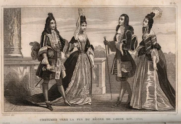 Costumi verso la fine del regno di re Luigi XIV (1710). Incisione del 1859 in "Le Monde. Storia di tutti i popoli dai tempi più remoti fino ai giorni nostri" di M. E. de Lostalot-Bachoue. Collezione privata.
