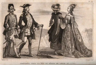Costumi verso la fine del regno di Luigi XV (1770). Incisione del 1859 in "Le Monde. Storia di tutti i popoli dai tempi più remoti ai giorni nostri" di M. E. de Lostalot-Bachoue. Collezione privata