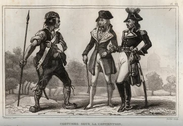 Costumi sotto la Convenzione. Incisione del 1859 in "Le Monde. Storia di tutti i popoli dai tempi più remoti ai giorni nostri" di M. E. de Lostalot-Bachoue. Collezione privata