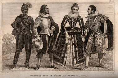 Costumi sotto il regno di Enrico IV (1590). Incisione del 1859 in "Le Monde. Storia di tutti i popoli dai tempi più remoti ai giorni nostri" di M. E. de Lostalot-Bachoue. Collezione privata
