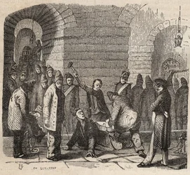 Accoppiamento al Bagne di Rochefort nel XIX secolo. Incisione in "Histoire des bagnes depuis leur création à nos jours" (1877) di Pierre Zaccone (1817-1895). Collezione privata