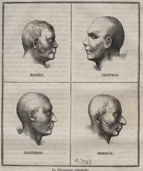 Frenologia criminale al Bagne di Brest (ritratti che raffigurano le caratteristiche fisiognomiche di diversi tipi di criminali). Incisione in "Histoire des bagnes depuis leur création à nos jours" (1877) di Pierre Zaccone (1817-1895). Colonia penale