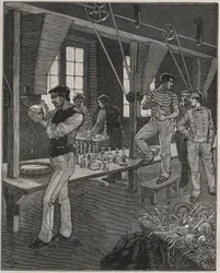 Laboratorio di incisori di cristallo in Francia nel XIX secolo. Incisione del 1885 in 