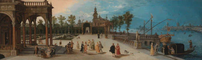 Festa danzante nel piazzale di un palazzo immaginario con vista capriccio di Venezia in lontananza