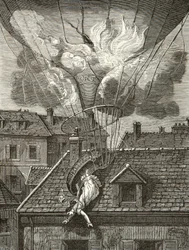 Morte drammatica di Madame Sophie Blanchard (1778-1819), aeronauta il 6 luglio 1819 sopra i giardini di Tivoli a Parigi, Incisione, Collezione privata