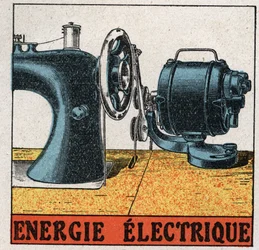 Energia elettrica: macchina da cucire elettrica. Illustrazione anonima del 1925. Collezione privata