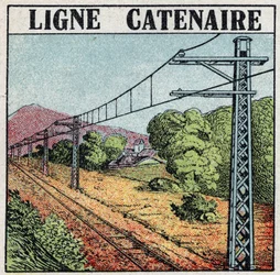 Ferrovie elettriche: linea catenaria. Illustrazione anonima del 1925. Collezione privata.
