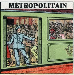 Tram elettrici: passeggeri che si accalcano nel Metropolitain di Parigi. Illustrazione anonima del 1925. Collezione privata.