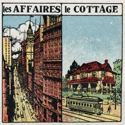 Tram elettrici: linea del tram in città (a sinistra) e in campagna (a destra). Illustrazione anonima del 1925. Collezione privata.