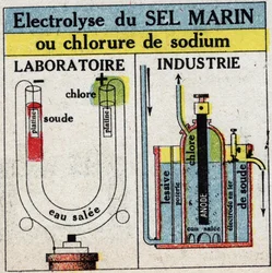 Elettrochimica: elettrolisi del sale marino o cloruro di sodio. Illustrazione anonima del 1925. Collezione privata.