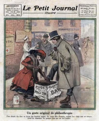 Giovani ragazze eleganti, il loro volto nascosto dietro una maschera, lucidano le scarpe dei passanti londinesi per raccogliere fondi per gli ospedali inglesi. Illustrazione tratta da "Le petit journal illustré" del 06/11/1921. Collezione privata