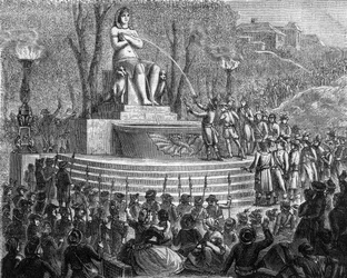 Festa della nuova costituzione (29 termidoro anno I o 10 agosto 1793) - La Fontana della Rigenerazione sui resti della Bastiglia (10 agosto 1793) - Incisione in "Histoire des Girondins" di Alphonse de Lamartine (1790-1869) 1865-1866 - Collezione privata