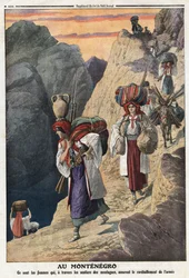 Prima guerra balcanica: donne montenegrine attraversano a piedi le montagne per garantire il rifornimento di armi. Illustrazione tratta da «Le Petit Journal» del 17/11/1912. Collezione privata.