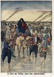 Prima guerra balcanica: la fuga dei contadini turchi a Costantinopoli. Illustrazione tratta da "Le Petite Journal" 24/11/1912 Collezione privata
