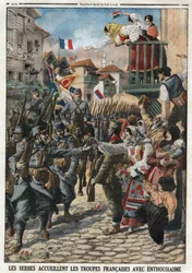 Prima Guerra Mondiale 1914-1918: i serbi accolsero le truppe francesi con entusiasmo. Incisione in "Le Petit Journal", del 24/10/1915. Collezione privata.