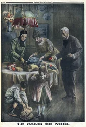 Prima Guerra Mondiale 1914-1918. Regalo di Natale: i bambini ricevono e scartano i pacchi ricevuti dal loro padre sul campo di battaglia alla vigilia di Natale. In 