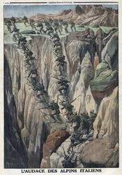 Prima Guerra Mondiale 1914-1918. Soldati italiani scalano la vetta del Cauriol nelle Alpi di Fiemme in Italia. In "Le Petite Journal", 8 ottobre
