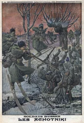 Prima Guerra Mondiale 1914-1918. Soldati russi Ahotniki sugli sci sparano ai soldati tedeschi. In 