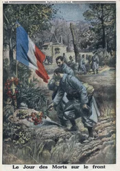 Prima Guerra Mondiale 1914-1918. Il Giorno dei Morti al Fronte: i soldati nel giorno di Ognissanti adornano la tomba dei soldati caduti. In "Le Petite Journal", il 5/11/1916. Collezione privata