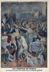 Prima Guerra Mondiale 1914-1918. Le donne del popolo irrompono in un ristorante alla moda e chiedono il ritorno dei loro mariti. In "Le Petite Journal", il 16/01/1916. Collezione privata