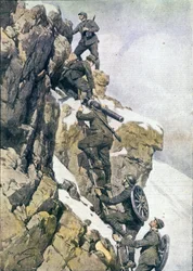 Prima Guerra Mondiale: cacciatori alpini italiani che trasportano materiale su una vetta delle Alpi italiane