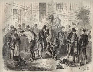 Forzati che vendono i loro beni prima di entrare nel Bagne di Tolone nel XIX secolo. Incisione in "Histoire des bagnes depuis leur création à nos jours" (1877) di Pierre Zaccone (1817-1895). Collezione privata