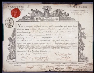 Rivoluzione francese: documento ufficiale di congedo militare datato 5 Prairial anno IV (24/05/1796) di un tenente della brigata del distretto di Cambrai. Archivi dipartimentali del Nord Lille