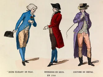 Da sinistra a destra: Un giovane elegante in frac; Un borghese in lutto e un abito da cavallo nel 1786